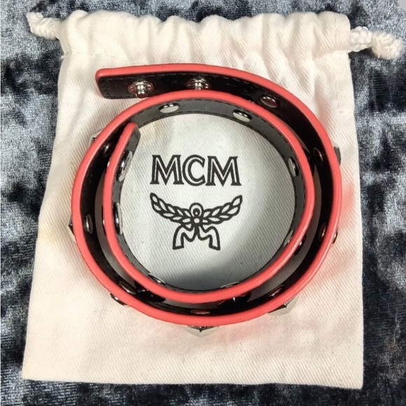 MCM Rockstar Dual Choker Necklace & Double Wrap Bracelet Red Leather Double Snap - Picture 3 of 14